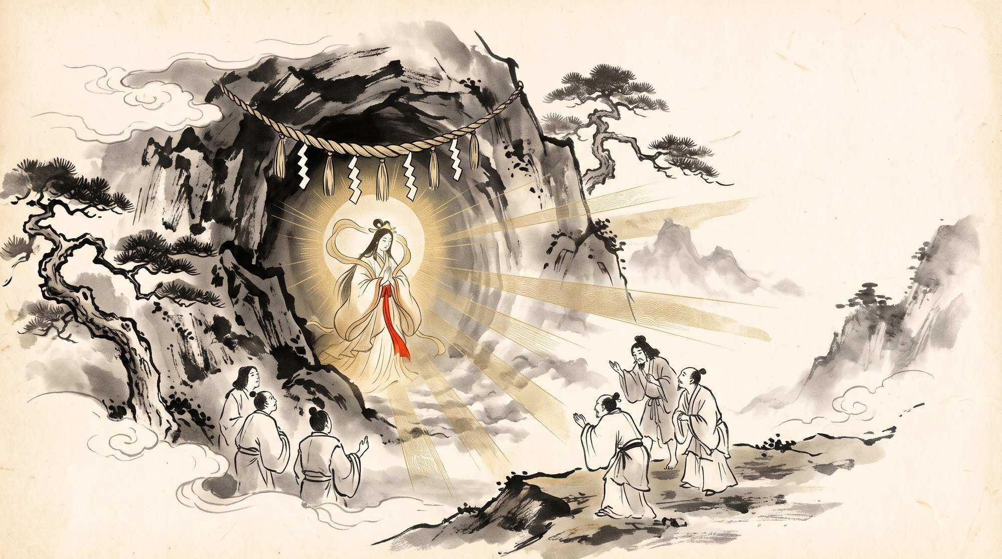 Pintura em sumi-e de Amaterasu, com o espelho e o sol atrás de si, saindo da caverna.