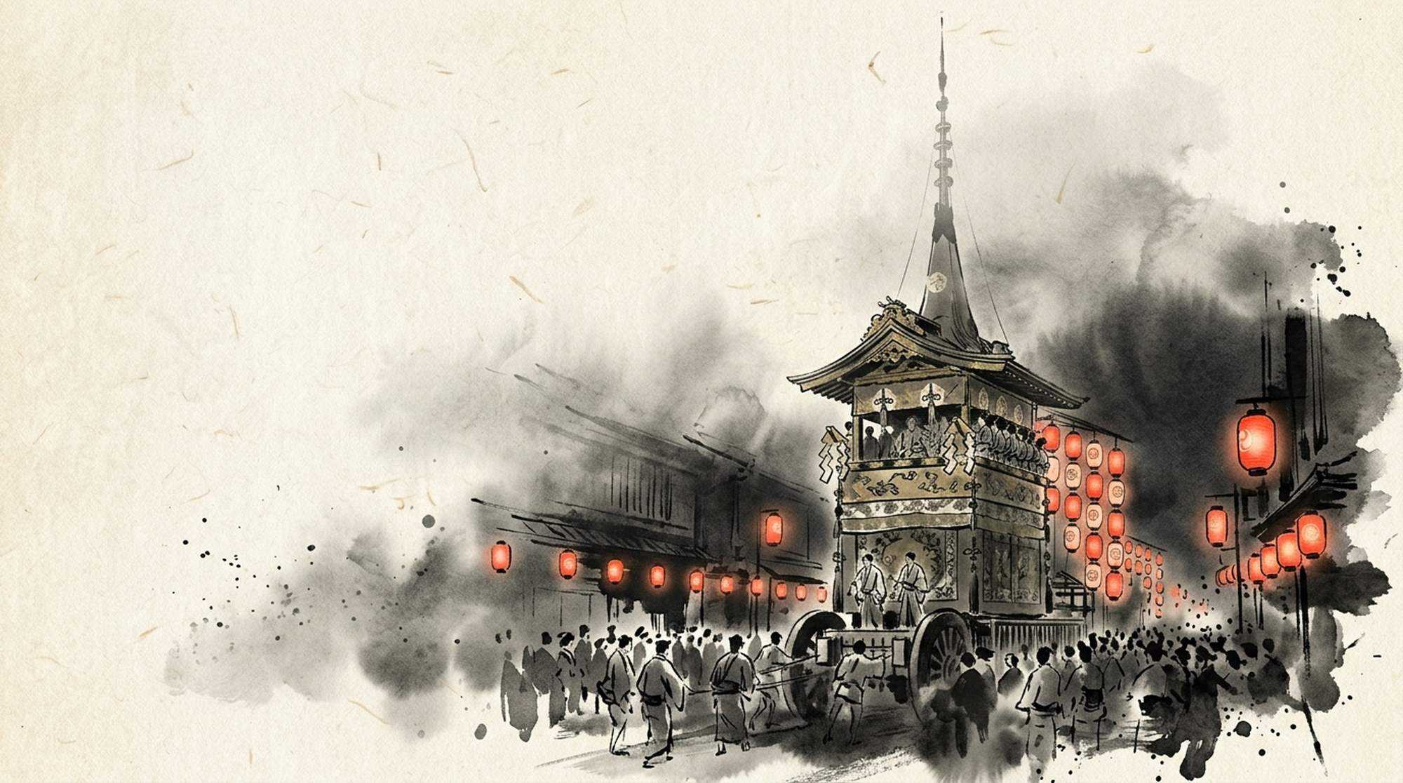 Pintura em sumi-e de um carro do Gion Matsuri entre lanternas vermelhas e a multidão.