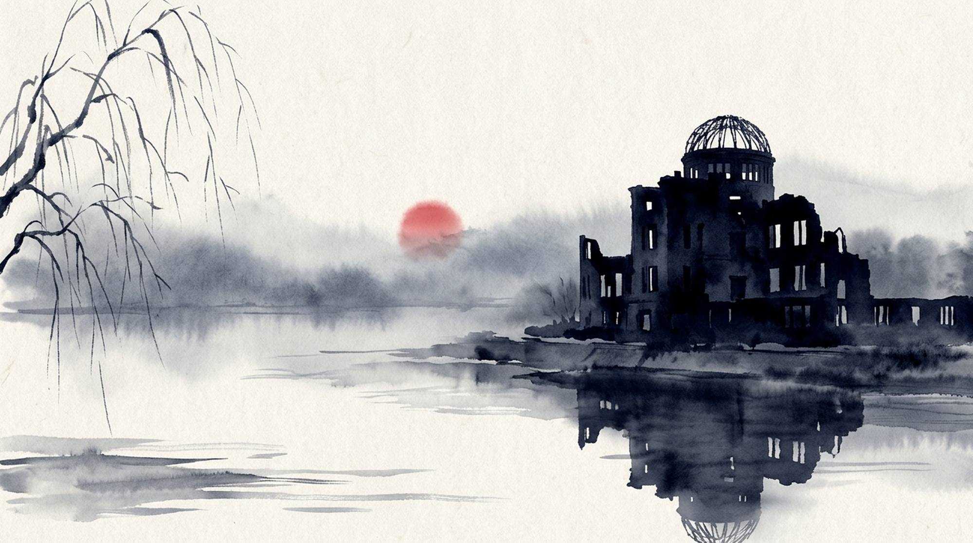 Pintura em sumi-e do domo em ruínas à beira da água, com salgueiro e um sol vermelho.