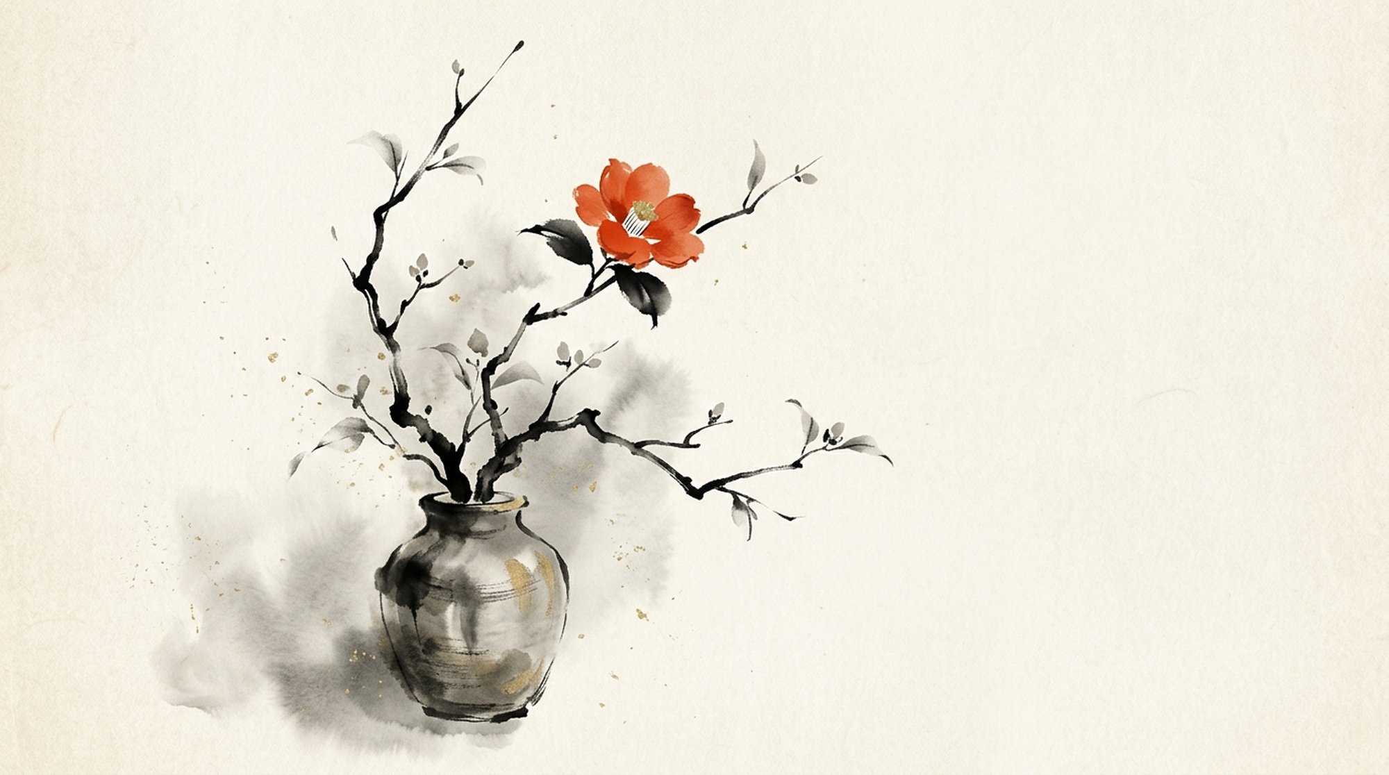 Pintura em sumi-e de um vaso com ramos e uma flor vermelha.