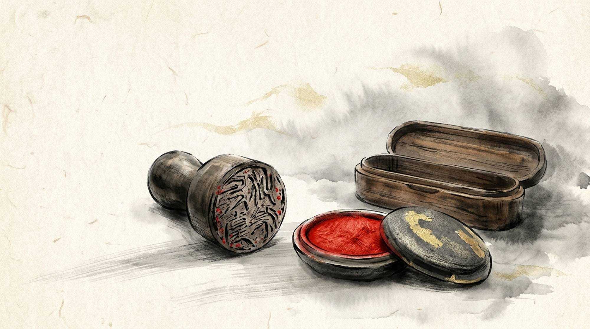 Pintura em sumi-e de um carimbo com a face entalhada, almofada de tinta vermelha e estojo de madeira aberto.