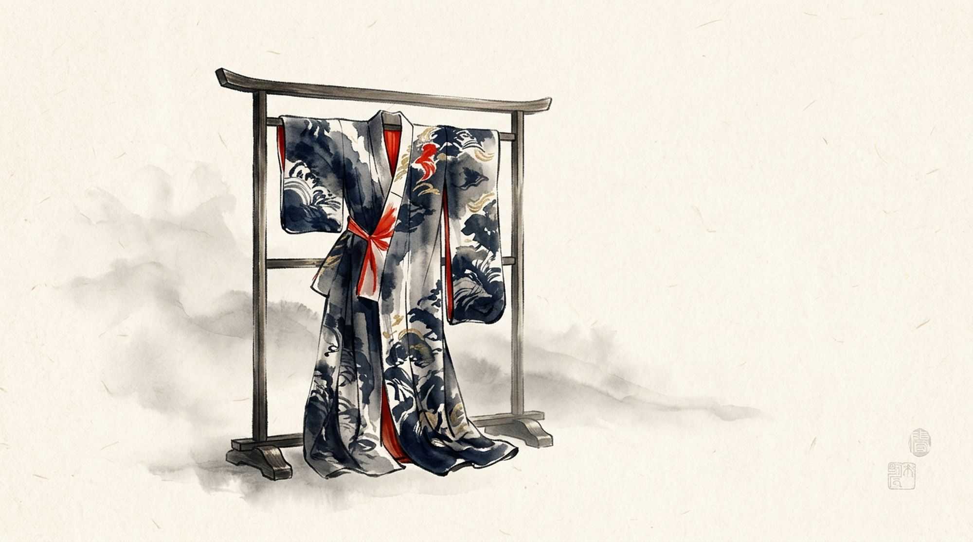 Pintura em sumi-e de um kimono num suporte de madeira, com ondas, forro vermelho e laço.
