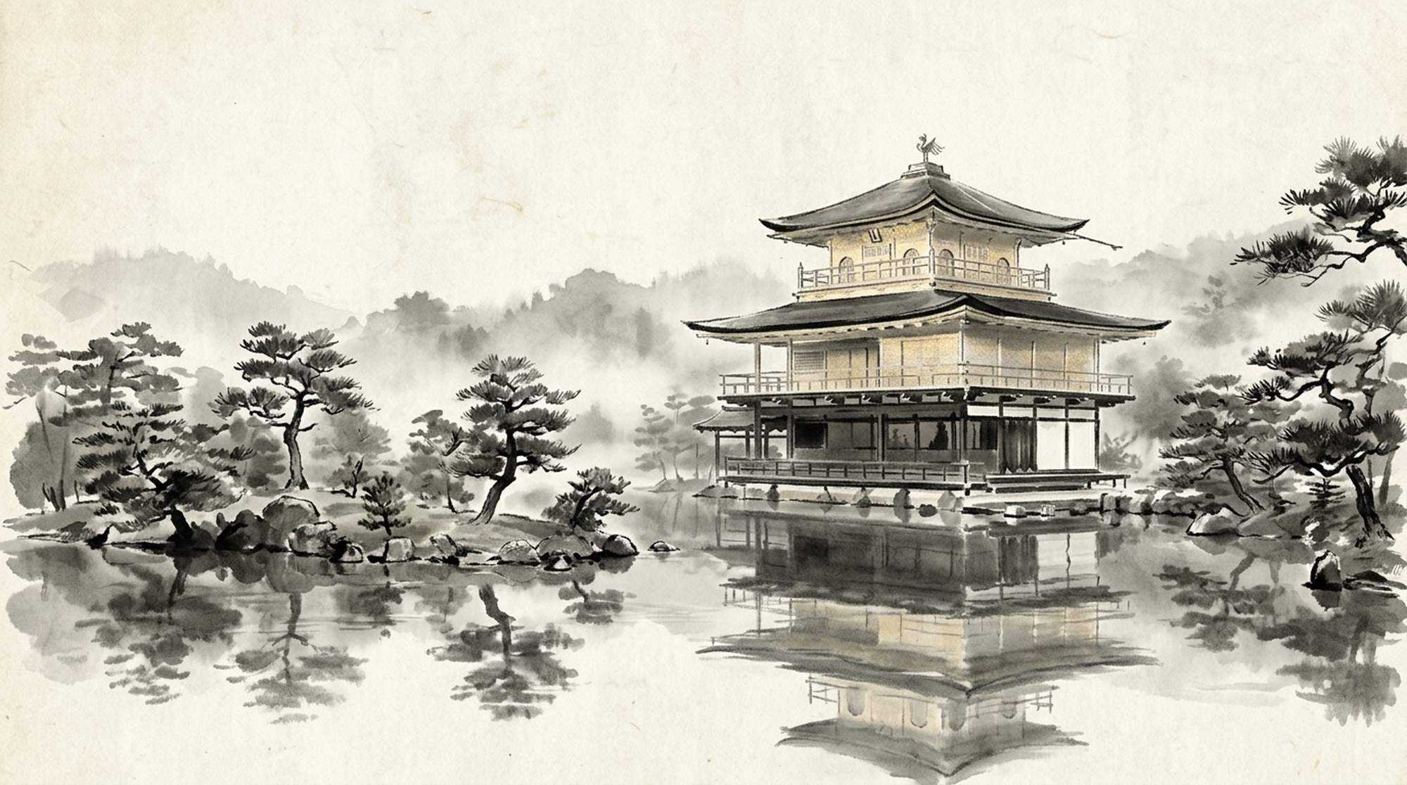 Pintura em sumi-e do pavilhão dourado sobre o lago, com pinheiros e o reflexo na água.