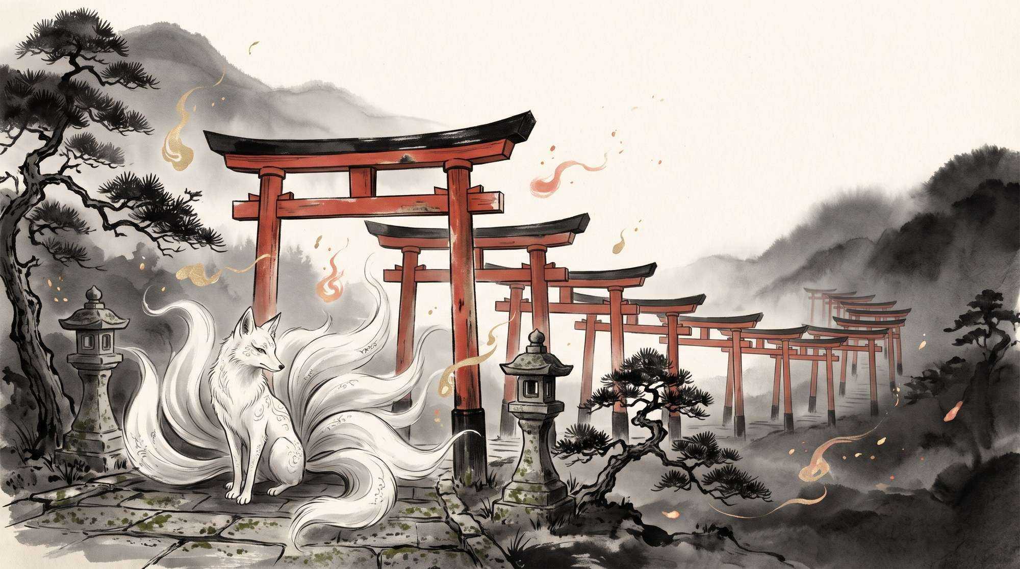 Pintura em sumi-e de uma kitsune branca de nove caudas sentada diante de portões torii vermelhos.