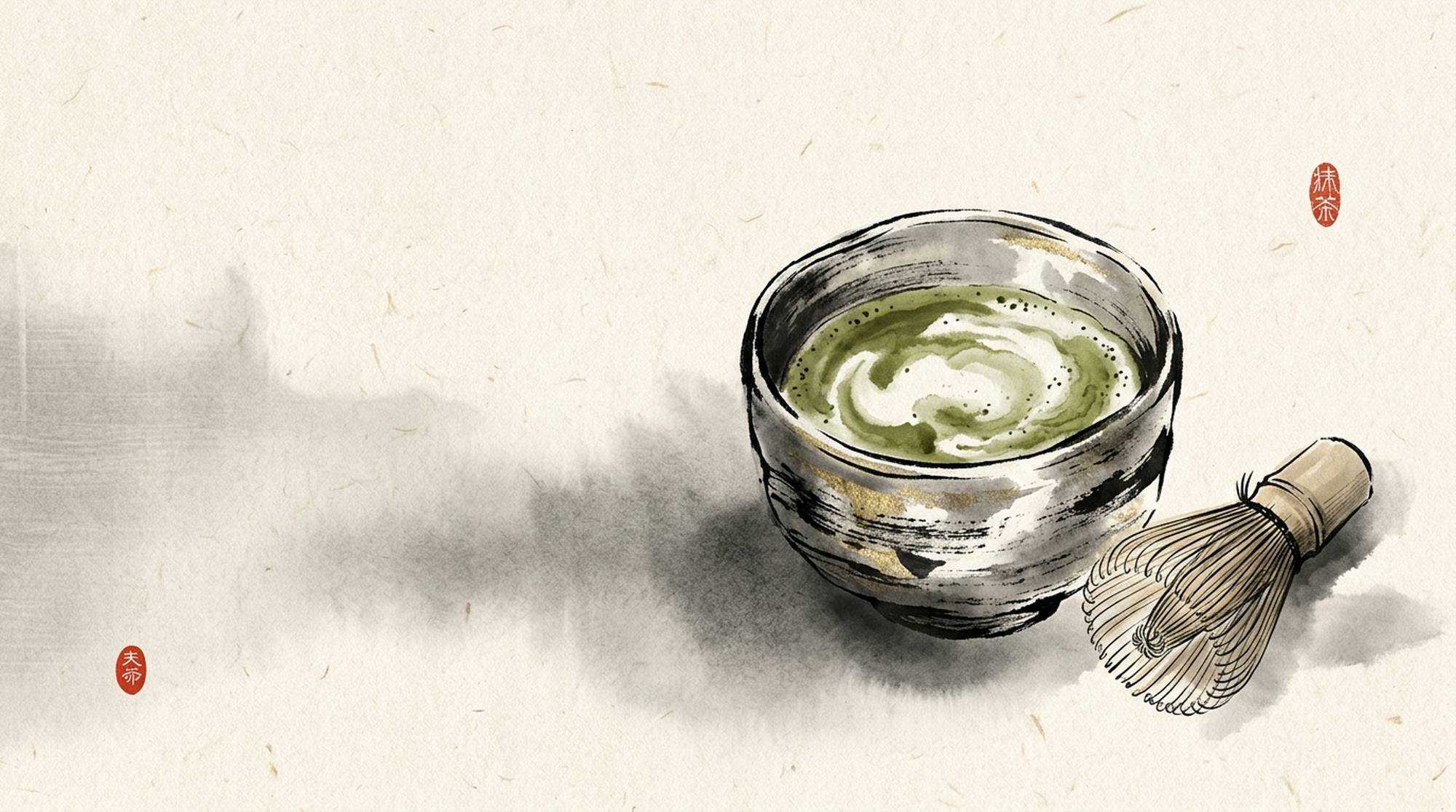 Pintura em sumi-e de uma tigela de matcha e um chasen.