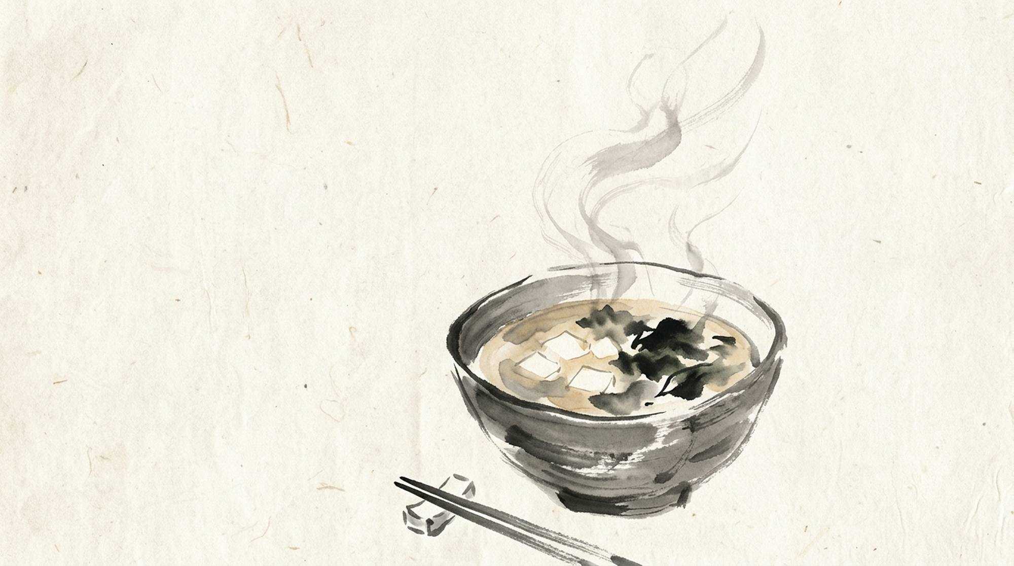 Pintura em sumi-e de uma tigela de missoshiru com tofu e wakame, e hashis ao lado.