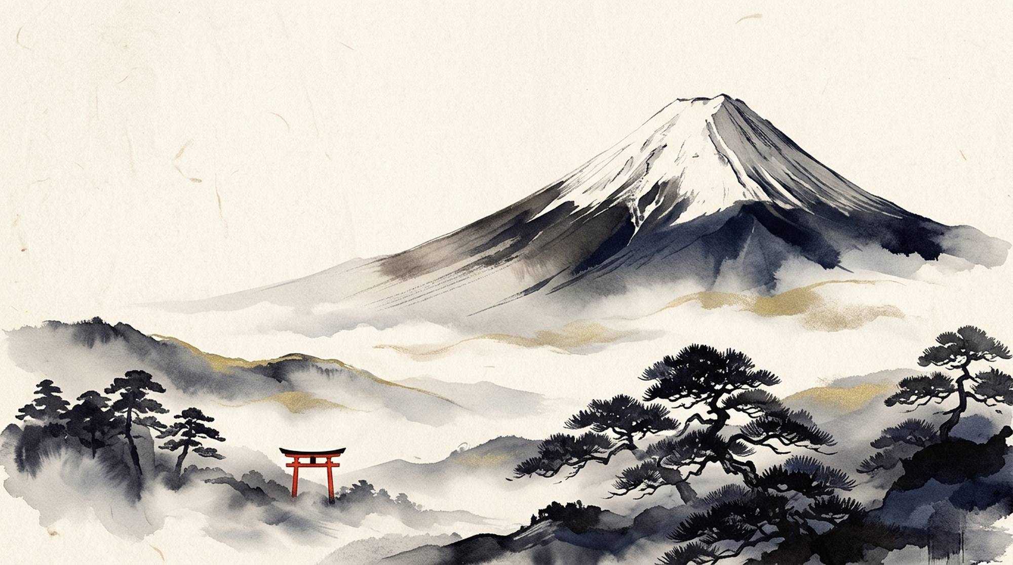 Pintura em sumi-e do Fuji com neve acima das nuvens, um torii vermelho e pinheiros.