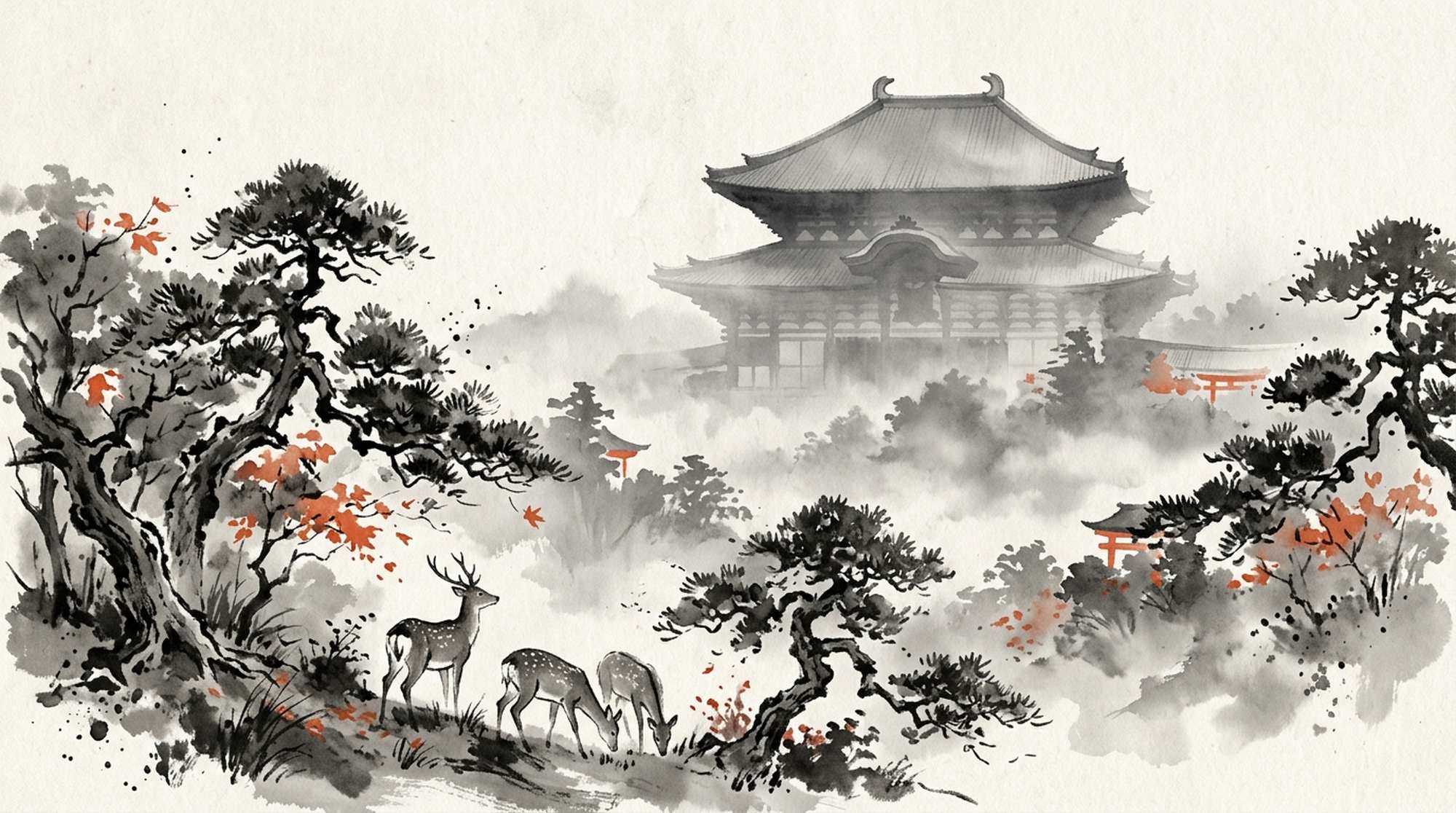 Pintura em sumi-e de cervos entre pinheiros, com o grande salão ao fundo e folhas de outono.