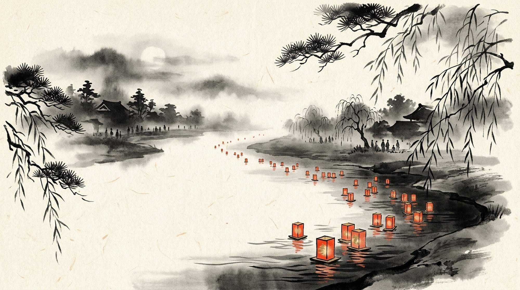Pintura em sumi-e de lanternas vermelhas flutuando num rio, entre salgueiros, pinheiros e a lua.