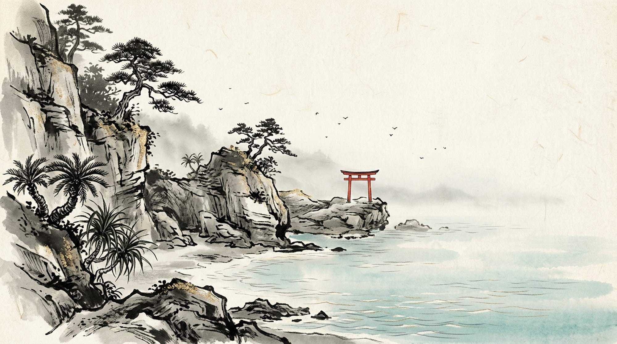 Pintura em sumi-e de uma costa com pinheiros, palmeiras e um torii vermelho sobre a rocha, diante do mar.