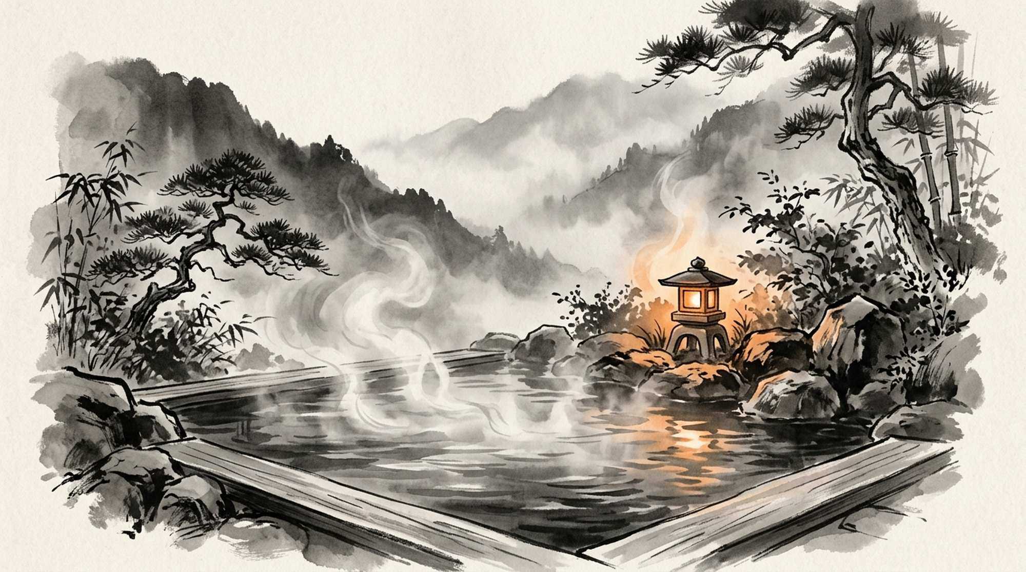 Pintura em sumi-e de um banho ao ar livre entre pedras, com vapor, pinheiro e uma lanterna acesa.