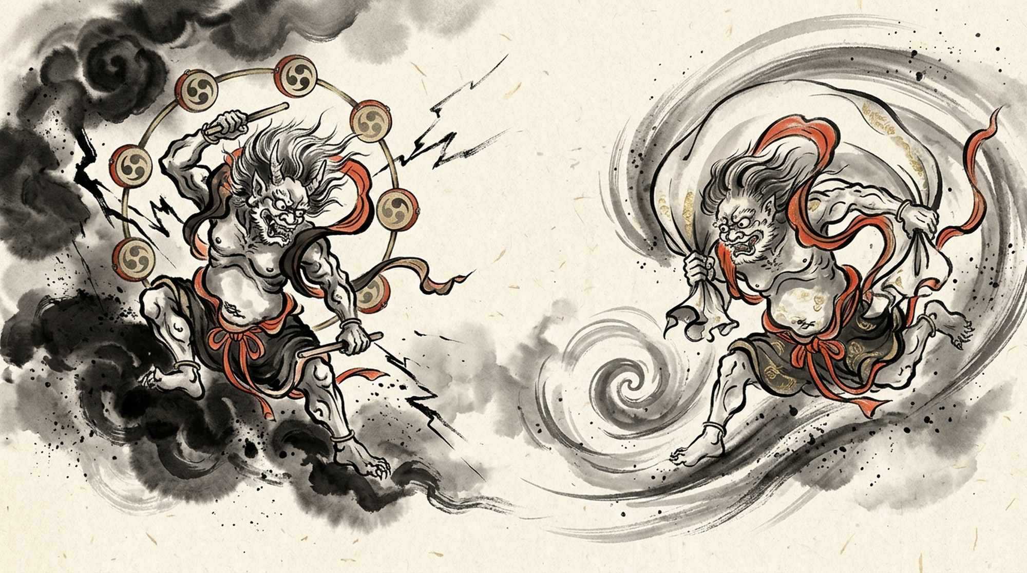 Pintura em sumi-e de Raijin com um aro de tambores e de Fujin com um saco de vento.