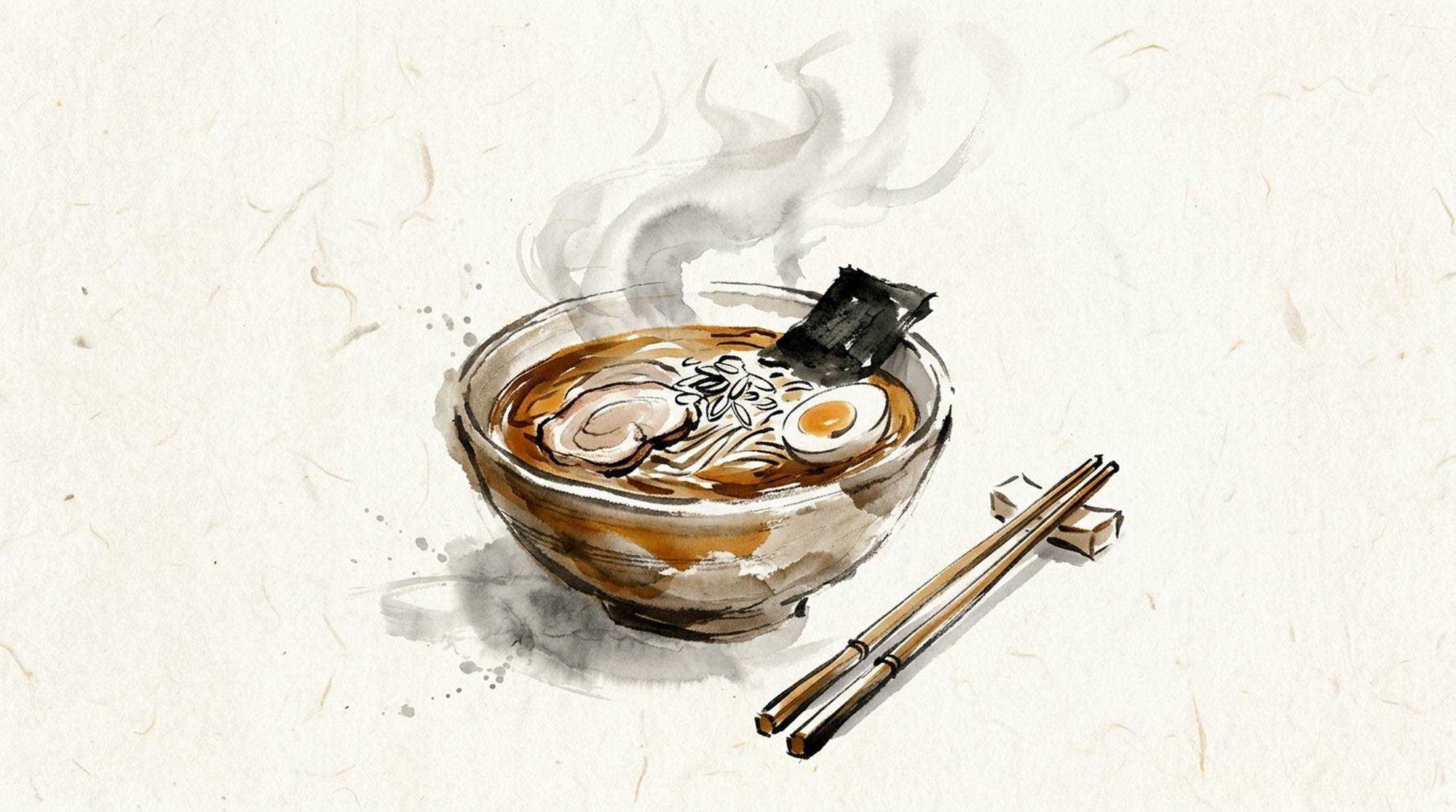 Pintura em sumi-e de uma tigela de ramen com vapor, ovo, nori e hashis.