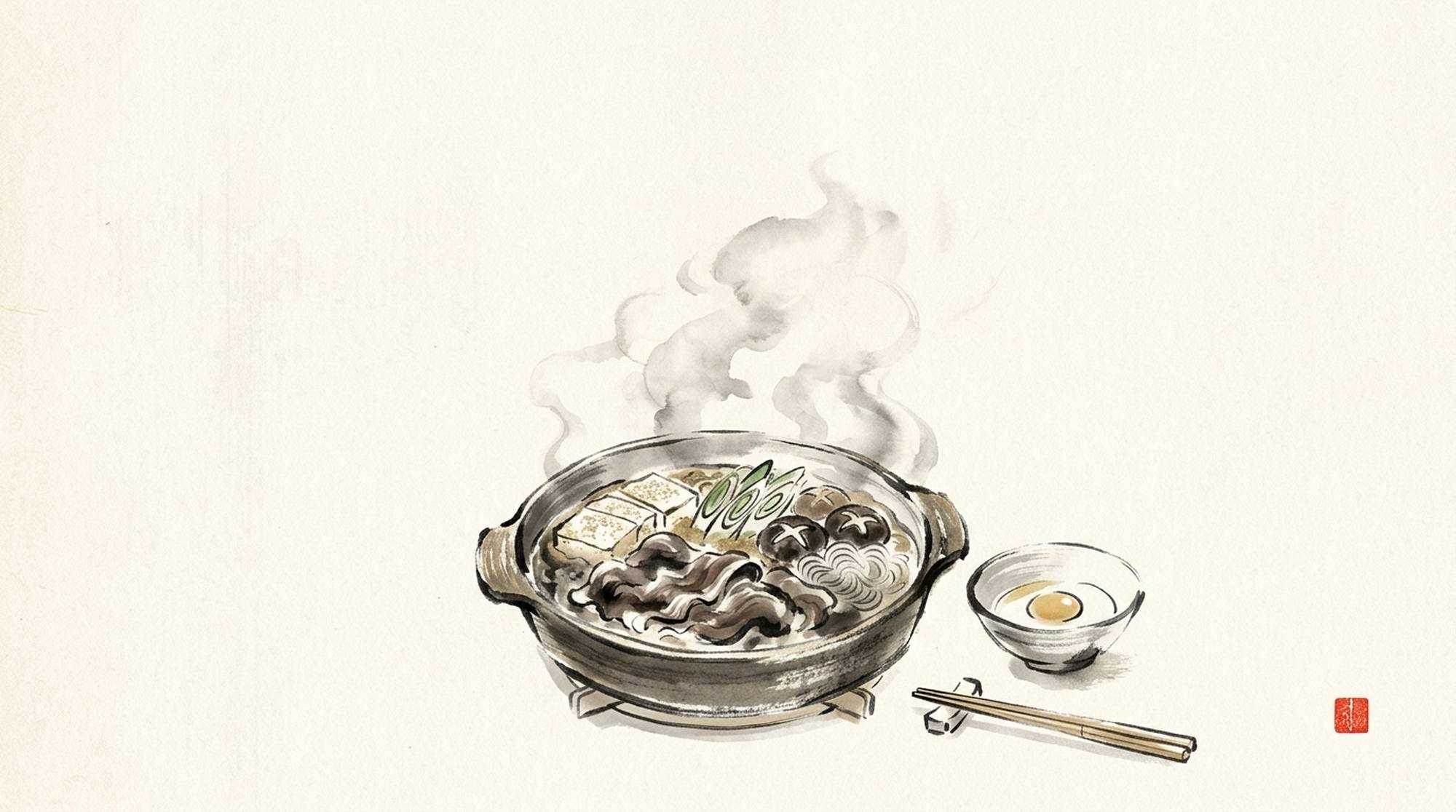 Pintura em sumi-e de uma panela de sukiyaki no fogareiro, com ovo cru, vapor e hashis.