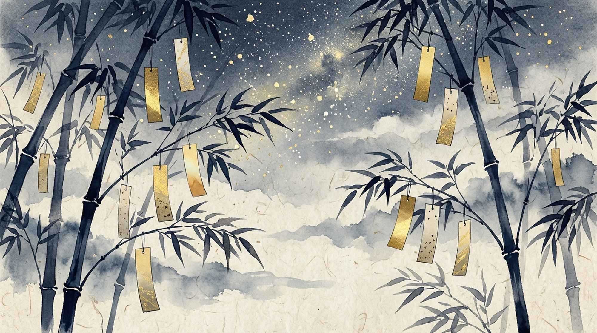 Pintura em sumi-e de bambus com tiras douradas sob um céu de estrelas.