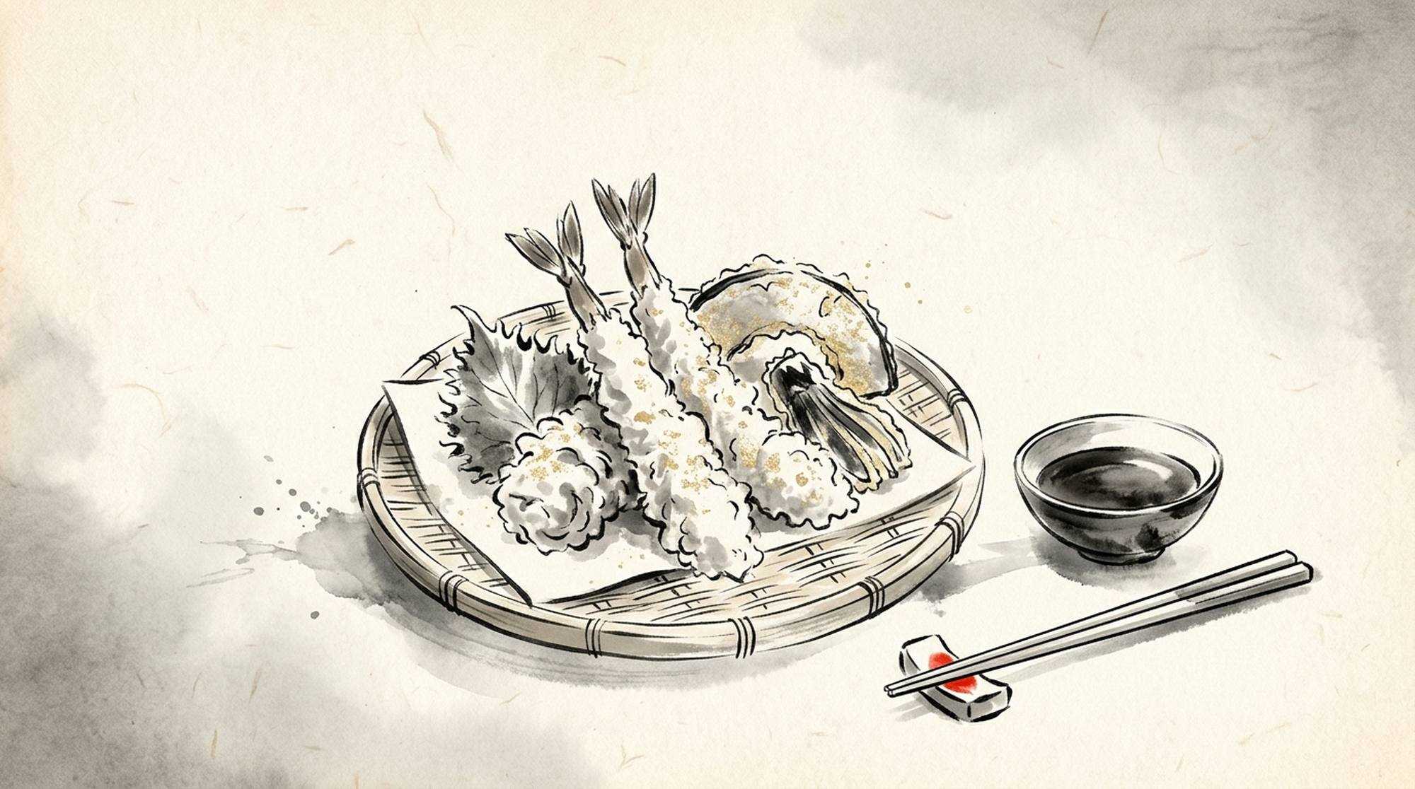Pintura em sumi-e de tempura de camarão numa cesta, com molho e hashis.
