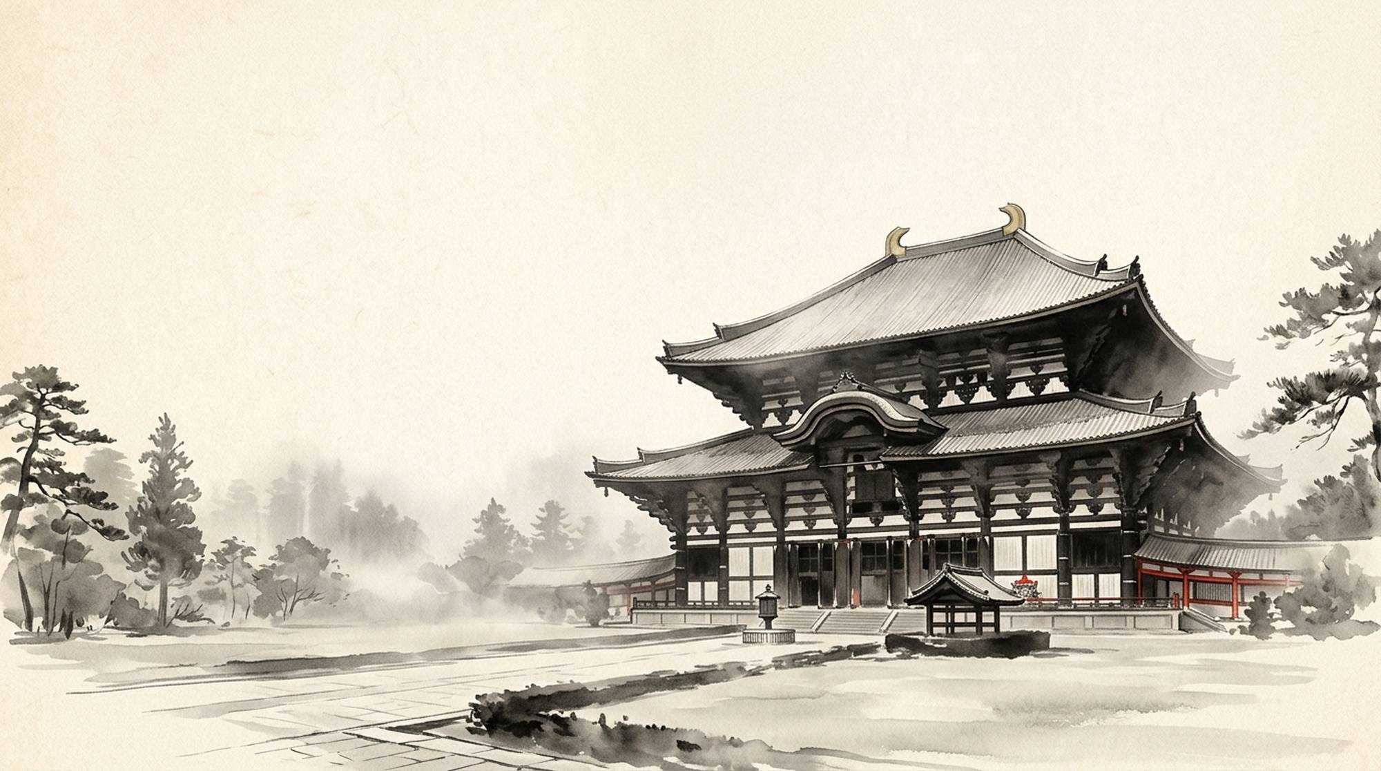 Pintura em sumi-e do grande salão de telhado escuro, com névoa, pinheiros e uma lanterna no pátio.