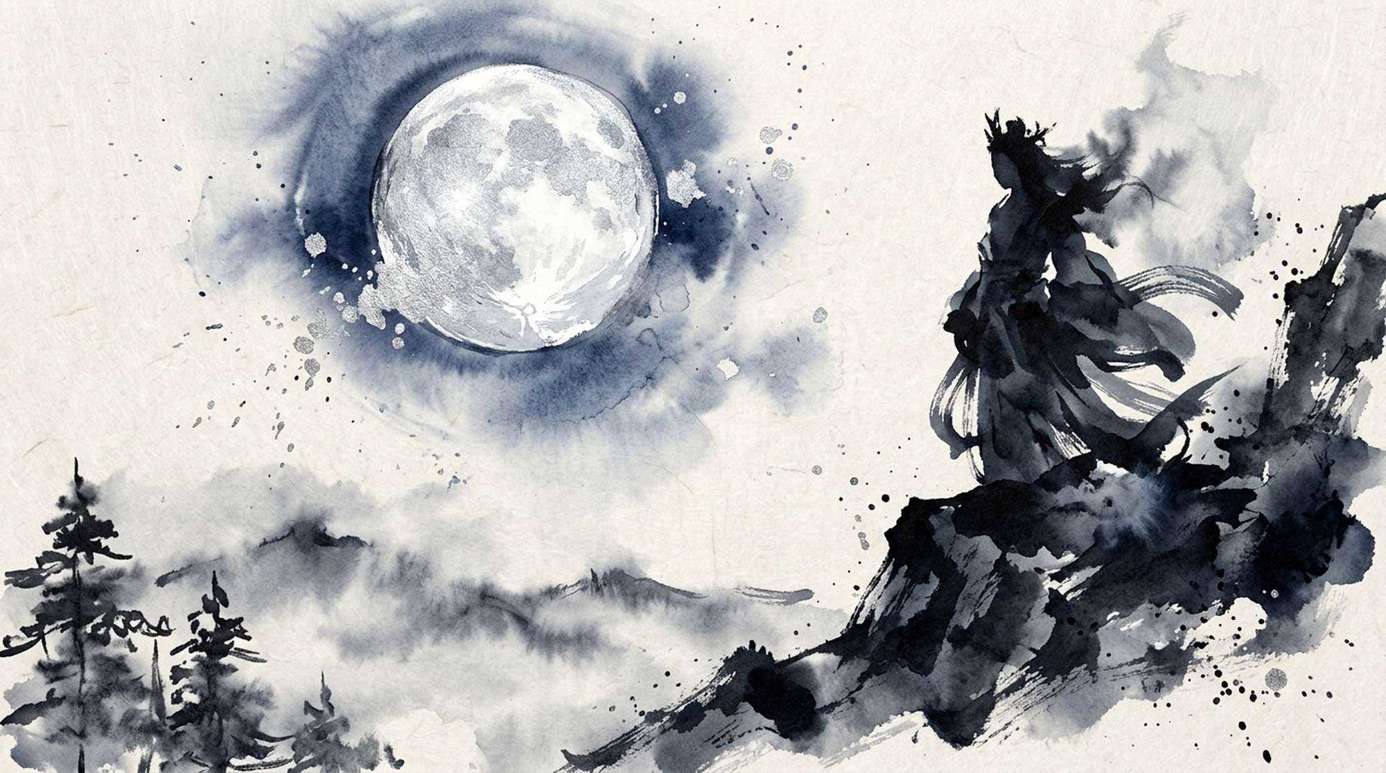 Pintura em sumi-e de uma figura de manto sobre um penhasco, diante de uma lua cheia.